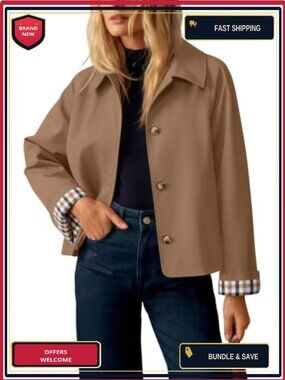 Cropped Trench Coat Plaid Button Front Fall Jacket